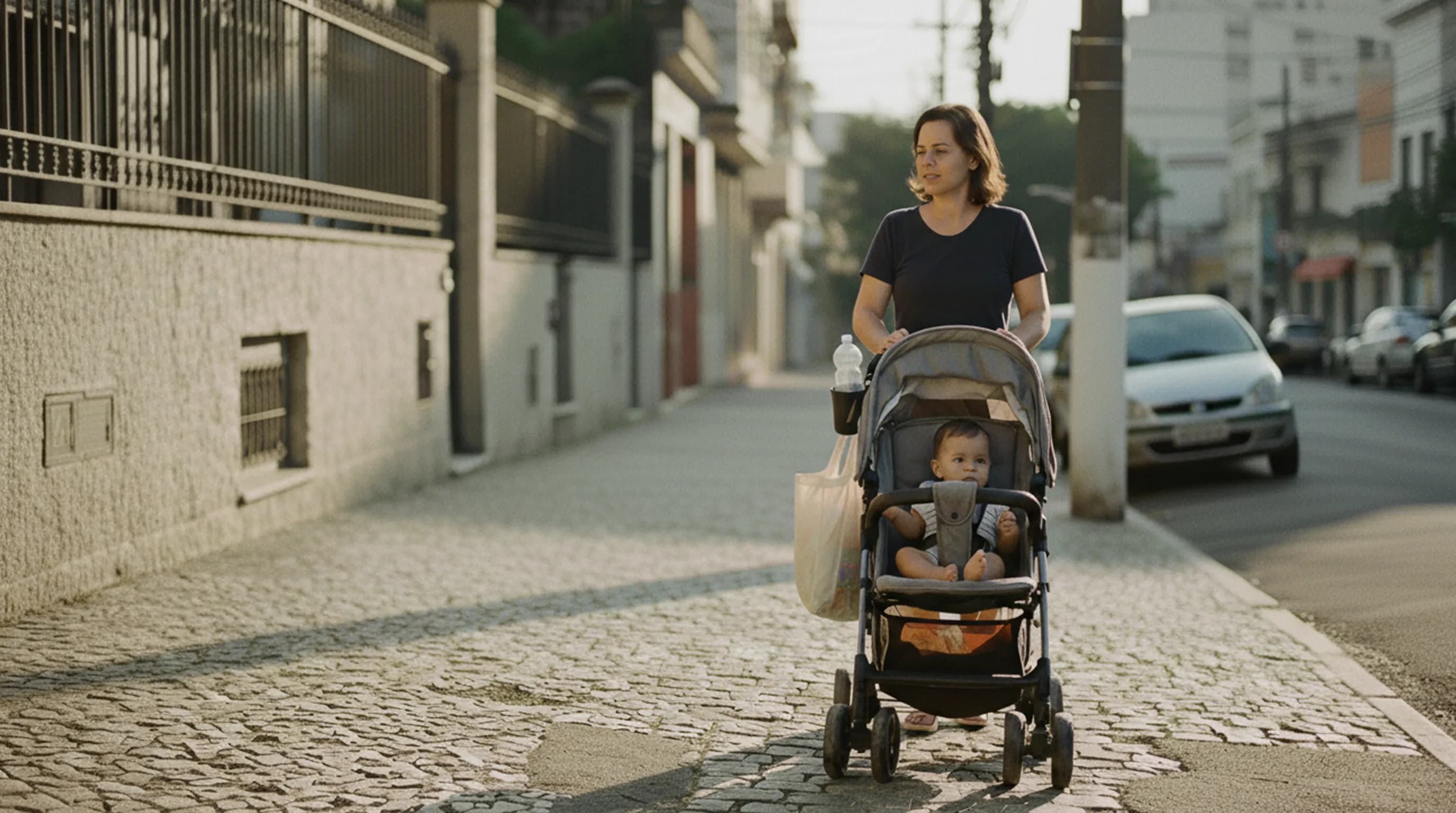 Mãe passeia com o bebê em um carrinho por uma calçada